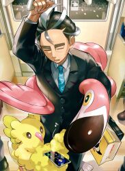 Rule 34 | 1boy, arm up, bag, black hair, black jacket, black pants, cellphone, closed eyes, collared shirt, commentary request, creatures (company), flamigo, game freak, geeta (pokemon), gen 7 pokemon, highres, holding, incoming call, jacket, larry (pokemon), male focus, multicolored hair, musical note, necktie, nintendo, open mouth, orange mikan, oricorio, pants, phone, pokemon, pokemon (creature), pokemon sv, shirt, short hair, smartphone, standing, two-tone hair