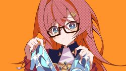 Rule 34 | 1girl, absurdres, ange katrina, ange katrina (1st costume), blue eyes, cinderella (vocaloid), frown, glass slipper, glasses, head tilt, highres, holding, holding clothes, holding footwear, long hair, nijisanji, orange background, papa-kun (destiny549-2), portrait, red hair, red sweater, solo, sparkle, sweater, triangle hair ornament, virtual youtuber, vocaloid