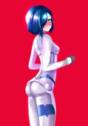Rule 34 | 10s, 1girl, ass, blue hair, blush, darling in the franxx, from behind, green eyes, highres, ichigo (darling in the franxx), leotard, looking at viewer, looking back, open mouth, short hair, skin tight, the only shoe