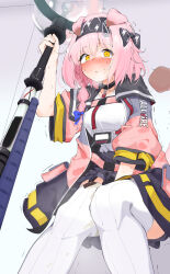 Rule 34 | 1girl, absurdres, arknights, between legs, black bow, black choker, black hairband, blue bow, blush, bow, braid, breasts, choker, female focus, goldenglow (arknights), hair bow, hair ornament, hairband, hairclip, hand between legs, highres, holding, holding staff, jacket, lightning bolt symbol, long hair, medium breasts, nose blush, parted lips, pcaccount13, pee stain, peed self, pink hair, side braid, solo, speech bubble, staff, tearing up, tears, textless version, thighhighs, trembling, variant set, white thighhighs, yellow eyes