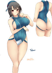 Rule 34 | 1girl, adapted costume, ass, beret, black hair, blue headwear, blue one-piece swimsuit, breasts, character name, competition swimsuit, cowboy shot, hat, highres, kantai collection, kuga zankurou, large breasts, multiple views, one-piece swimsuit, one-piece thong, red eyes, short hair, simple background, swimsuit, takao (kancolle), thigh gap, turtleneck, twitter username, white background