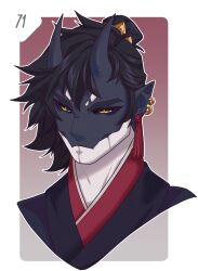 Rule 34 | 1boy, black hair, black horns, black kimono, black skin, border, colored skin, ear piercing, earrings, gradient background, grey border, half-closed eyes, highres, horns, japanese clothes, jewelry, kimono, long hair, mergo (mergoartworks), multicolored skin, original, piercing, pointy ears, red background, skin-covered horns, solo, two-tone skin, white skin