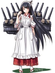 Rule 34 | 10s, 1girl, alternate costume, apron, black hair, cannon, enmaided, full body, fusou (kancolle), hair ornament, japanese clothes, kantai collection, long hair, long skirt, looking at viewer, maid, maid apron, maid headdress, pleated skirt, red eyes, rigging, sandals, simple background, skirt, solo, standing, tabi, tatsumi ray, turret, twitter username, very long hair, wa maid, white background, zouri