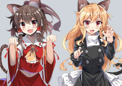 Rule 34 | animal ears, blouse, braid, cat day, cat ears, cat tail, collared shirt, commentary request, e.o., grey background, hair between eyes, hakurei reimu, highres, kirisame marisa, red shirt, shirt, simple background, single braid, tail, touhou