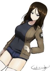 Rule 34 | 1girl, black hair, black shirt, blue eyes, blush, breasts, bukkuri, closed mouth, collarbone, dated, emblem, girls und panzer, hand on own hip, highres, jacket, large breasts, looking at viewer, military, military jacket, military uniform, nonna (girls und panzer), saunders (emblem), saunders military uniform, shiny skin, shirt, short shorts, shorts, simple background, solo, standing, thighhighs, uniform, white background, white thighhighs