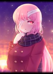 Rule 34 | 1girl, :o, absurdres, alternate costume, backlighting, bandaged head, bandages, black scarf, blush, breath, buttons, casual, cloud, coat, double-breasted, enpera, fate/grand order, fate (series), florence nightingale (fate), gradient sky, highres, horizon, lens flare, letterboxed, light particles, long hair, long sleeves, looking at viewer, ocean, one eye covered, open mouth, pink eyes, pink hair, red coat, scarf, sky, solo, sunlight, sunset, upper body, yuya090602