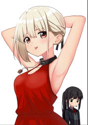 Rule 34 | 2girls, :p, absurdres, ao (flowerclasse), armpits, arms behind head, bare arms, bare shoulders, black collar, black hair, black jacket, blonde hair, blush, breasts, cleavage, closed mouth, collar, collared shirt, commentary request, dress, formal, grey vest, hair between eyes, headset, highres, inoue takina, jacket, jewelry, looking at viewer, lycoris recoil, medium breasts, multiple girls, necktie, nishikigi chisato, open clothes, open jacket, pendant, red dress, red eyes, red necktie, shirt, simple background, sleeveless, sleeveless dress, smile, suit, tongue, tongue out, vest, white background, white shirt