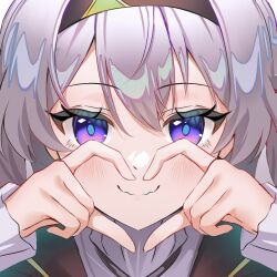 1girl black_hairband blush devl_ga_aru firefly_(honkai:_star_rail) grey_hair hair_between_eyes hairband heart heart_hands highres honkai:_star_rail honkai_(series) long_hair looking_at_viewer smile solo two-tone_eyes