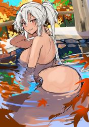 Rule 34 | absurdres, ass, autumn leaves, blue sky, breasts, dark-skinned female, dark skin, day, hair between eyes, highres, kantai collection, large breasts, long hair, looking at viewer, musashi (kancolle), musashi kai ni (kancolle), nude, onsen, outdoors, partially submerged, platinum blonde hair, red eyes, short hair with long locks, sky, solo, two side up, very long hair, yunamaro