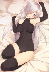 Rule 34 | 10s, 1girl, armpits, bad id, bad pixiv id, bed, bed sheet, black gloves, black thighhighs, blue eyes, blush, bodysuit, breasts, breasts apart, cameltoe, cleft of venus, collarbone, covered collarbone, detached sleeves, earrings, elizabeth liones, eyelashes, fingerless gloves, from above, full body, gloves, grey hair, hair over one eye, halterneck, highres, indoors, jewelry, kodansha, legs together, leotard, long hair, looking at viewer, lying, nanatsu no taizai, navel, no bra, on back, shokuyou mogura, skin tight, solo, thighhighs, thighs, very long hair