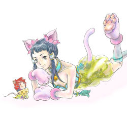 Rule 34 | 1girl, animal ears, bell, gloves, highres, lying, on stomach, p-hawai, paw gloves, paw shoes, paws, shoes, simple background, soul calibur, soulcalibur, soulcalibur v, tail, yan leixia