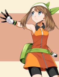 Rule 34 | 1girl, absurdres, armpits, bandana, bare arms, bike shorts, brown hair, clenched hand, closed mouth, collared dress, commentary request, creatures (company), dress, fanny pack, game freak, gloves, green bag, green bandana, grey eyes, highres, looking to the side, may (pokemon), nintendo, orange dress, outstretched arm, pokemon, pokemon emerald, pokemon rse, short dress, solo, v-shaped eyebrows, yuihico