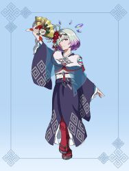Rule 34 | 1girl, circlet, fire emblem, fire emblem heroes, hair ornament, hair over one eye, hand fan, japanese clothes, kimono, kvasir (fire emblem), kvasir (unknown future) (fire emblem), looking at viewer, nintendo, official alternate costume, paper fan, shawl, simple background, smile, tagme