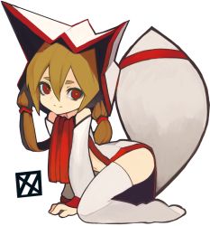 Rule 34 | 1girl, all fours, bad id, bad pixiv id, bare shoulders, brown hair, dress, hood, kitsune (kazenouta), long hair, looking at viewer, original, red eyes, smile, solo, tail, thighhighs, twintails, white thighhighs