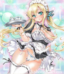 Rule 34 | 1girl, alternate costume, apron, aqua eyes, artist name, at classics, black bow, black bowtie, blonde hair, blue bow, blush, boku wa tomodachi ga sukunai, bow, bow panties, bowtie, breasts, butterfly hair ornament, cleavage, cowboy shot, cup, detached collar, enmaided, frilled apron, frills, groin, hair between eyes, hair censor, hair ornament, hair over breasts, holding, holding tray, kashiwazaki sena, large breasts, long hair, looking at viewer, maid, maid headdress, one breast out, open mouth, panties, ribbon-trimmed legwear, ribbon trim, sample watermark, short sleeves, sidelocks, solo, teacup, thigh gap, thighhighs, traditional media, tray, twintails, underwear, waist apron, watermark, white apron, white panties, white thighhighs