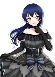 Rule 34 | 1girl, bare shoulders, black dress, blue hair, dress, highres, long hair, looking at viewer, love live!, noochan chonoda, open mouth, simple background, solo, sonoda umi, yellow eyes