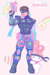 Rule 34 | 1boy, animal hood, bandana, bodysuit, brown hair, blowing bubbles, chewing gum, crossover, denaseey, dolphin, flower, full body, gloves, gun, headband, heart, hello kitty, highres, holding, holding gun, holding weapon, hood, hug, hugging own legs, knee pads, kuromi, leg strap, logo, looking at viewer, male focus, metal gear (series), metal gear solid, my melody, notice lines, one eye covered, onegai my melody, pastel colors, pouch, rabbit, rabbit hood, rainbow, sanrio, serious, short hair, skin tight, sneaking suit, solid snake, solo, sparkle, sticker, thigh strap, turtleneck, weapon