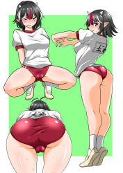Rule 34 | 1girl, ahoge, ass, bare legs, bent over, black hair, blush, breasts, buruma, cameltoe, cleft of venus, cone horns, embarrassed, fat mons, from behind, full body, green background, gym uniform, highres, horns, kijin seija, lips, looking at viewer, looking back, medium breasts, multicolored hair, multiple views, outstretched arms, pointy ears, red eyes, red hair, shiraue yuu, shirt, shoes, short hair, short sleeves, simple background, socks, spread legs, squatting, stretching, sweat, thighs, tiptoes, touhou, white hair, white shirt, yellow footwear