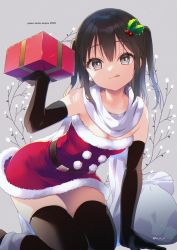 Rule 34 | 1girl, alternate costume, black gloves, black hair, black thighhighs, box, brown eyes, christmas, closed mouth, elbow gloves, gift, gift box, gloves, grey background, hair between eyes, highres, holding, holding gift, kantai collection, koruri, pom pom (clothes), santa costume, scarf, sendai (kancolle), short hair, solo, thighhighs, thighs, tongue, tongue out, twitter username, two side up, white scarf