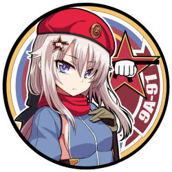 Rule 34 | 1girl, 9a-91 (girls&#039; frontline), beret, blue eyes, breasts, character name, closed mouth, girls&#039; frontline, gloves, hair between eyes, hair ornament, hair ribbon, hand on own chest, hat, long hair, red hat, red scarf, ribbon, round image, scarf, silver hair, simple background, solo, star (symbol), star hair ornament, white background, yakob labo