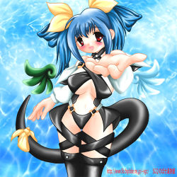Rule 34 | 1girl, arc system works, asymmetrical wings, blue hair, dizzy (guilty gear), guilty gear, lowres, red eyes, ribbon, solo, tail, tail ornament, tail ribbon, thighhighs, wings