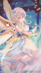 Rule 34 | 1girl, aratakosu (tako&#039;s), bare shoulders, blonde hair, breasts, cleavage, dress, feather hair ornament, feathers, flower, frown, gauntlets, genshin impact, hair between eyes, hair ornament, highres, holding, holding weapon, looking at viewer, lumine (genshin impact), sparkle, weapon, white dress