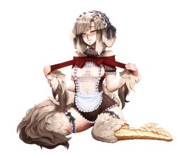 Rule 34 | 1girl, alternate costume, animal ears, apron, arm garter, barbariank, bare shoulders, blush, breasts, brown hair, dog ears, feathers, full body, hairband, highres, imageboard desourced, kikimora (monster girl encyclopedia), bridal garter, light smile, lolita hairband, looking at viewer, maid, md5 mismatch, medium breasts, monster girl, monster girl encyclopedia, non-web source, parted lips, red ribbon, resized, ribbon, see-through, short hair, sideboob, sitting, solo, sweat, tail, transparent background, upscaled, waist apron, wariza, yellow eyes