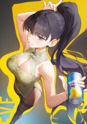 Rule 34 | 1girl, bare shoulders, black hair, black pantyhose, blunt bangs, breasts, brown eyes, can, china dress, chinese clothes, cleavage, dress, drink can, eve (stellar blade), hymin, large breasts, long hair, official alternate costume, pantyhose, ponytail, side slit, soda, soda can, stellar blade, thighband pantyhose, thighs, very long hair