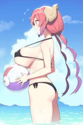 Rule 34 | 1girl, absurdres, ass, ball, beach, beachball, bikini, black bikini, blue sky, blush, breasts, cloba, cloud, colored tips, curled horns, dragon girl, dragon horns, fang, from side, gradient hair, highres, holding, holding ball, horns, huge breasts, ilulu (maidragon), kobayashi-san chi no maidragon, long hair, multicolored hair, open mouth, pink hair, pointy ears, profile, red eyes, red hair, side-tie bikini bottom, sideboob, silhouette, skindentation, sky, smile, solo, strap gap, swimsuit, two-tone hair, very long hair, wading, water, wet