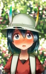Rule 34 | 10s, 1girl, backpack, bag, black eyes, black hair, blurry, blurry background, blush, bucket hat, commentary request, depth of field, hair between eyes, hat, hat feather, highres, kaban (kemono friends), kemono friends, looking at viewer, open mouth, outdoors, red shirt, shirt, short hair, solo, sweat, upper body, wavy hair, welt (kinsei koutenkyoku)