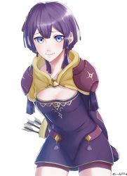 Rule 34 | 1girl, arrow (projectile), bernadetta von varley, closed mouth, earrings, fire emblem, fire emblem: three houses, grey eyes, grimmelsdathird, highres, jewelry, nintendo, purple hair, quiver, simple background, smile, solo, twitter username, white background