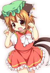 Rule 34 | 1girl, animal ears, bow, brown eyes, brown hair, cat ears, cat tail, chen, ear piercing, earrings, hat, jewelry, mob cap, multiple tails, nekomata, paw pose, piercing, pila-pela, puffy short sleeves, puffy sleeves, shirt, short sleeves, single earring, skirt, skirt set, solo, tail, touhou, vest