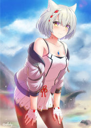 Rule 34 | 1girl, animal ear fluff, animal ears, arthur ko, black pantyhose, blurry, blurry background, blush, breasts, chest jewel, cleavage, closed mouth, cloud, day, grey hair, hair between eyes, hands on own thighs, highres, jacket, looking at viewer, medium breasts, mio (xenoblade), neck tattoo, open clothes, open jacket, outdoors, pantyhose, sky, solo, sweat, tank top, tattoo, water, xenoblade chronicles (series), xenoblade chronicles 3, yellow eyes