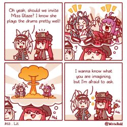 Rule 34 | &gt; &lt;, 4girls, 4koma, :&gt;, :&lt;, ?, animal ears, arknights, black headwear, blaze (arknights), blue coat, cat ears, cat girl, cat tail, character request, chibi, coat, comic, commentary, demon horns, drum, drumsticks, english commentary, english text, explosion, grani (arknights), grey hair, guitar, hairband, hat, highres, horns, horns through headwear, horse ears, horse girl, instrument, long hair, maracas, multiple girls, necktie, open mouth, pointy ears, ponytail, purple hair, red eyes, red hair, red hairband, red necktie, shirt, short sleeves, smile, sports bra, tail, thought bubble, twitter username, very long hair, vigna (arknights), visor (armor), visor lift, white shirt, wittle red
