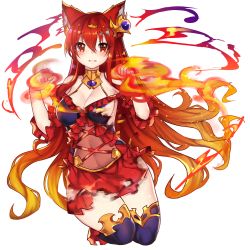 Rule 34 | 10s, 1girl, 3:, animal ears, anthuria, bare shoulders, blush, bow, breasts, cleavage, covered navel, detached sleeves, dress, erune, fire, frilled dress, frills, granblue fantasy, hair between eyes, hands up, knees up, large breasts, long hair, orange hair, osiimi, red bow, red dress, red eyes, red hair, red skirt, simple background, skirt, solo, teeth, thighs, torn clothes, very long hair, wavy hair, wavy mouth, white background