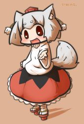 Rule 34 | 1girl, :d, animal ears, bad id, bad pixiv id, hat, inubashiri momiji, inunoko., looking at viewer, open mouth, pom pom (clothes), reaching, red eyes, short hair, silver hair, smile, solo, tail, tokin hat, touhou, wolf ears, wolf tail