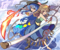 Rule 34 | 2girls, barefoot, black hat, blue hair, blue skirt, boots, brown footwear, brown hair, circlet, commentary request, dress, full body, hat, hinanawi tenshi, holding, holding sword, holding weapon, long hair, looking at viewer, medium hair, multicolored clothes, multicolored dress, multiple girls, open mouth, red eyes, ruyi jingu bang, shirt, short sleeves, skirt, son biten, sword, sword of hisou, syope, touhou, weapon, white shirt