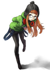 Rule 34 | 1girl, arms behind back, beanie, black headwear, black pantyhose, black skirt, blunt bangs, boots, closed mouth, commentary, english commentary, full body, glasses, green hoodie, hat, headphones, headphones around neck, highres, hood, hood down, hoodie, leaning forward, lips, long hair, looking at viewer, miniskirt, official alternate costume, orange hair, ozkh, pantyhose, persona, persona 5, persona 5 the royal, pom pom (clothes), purple eyes, sakura futaba, simple background, skirt, solo, suspenders, white background
