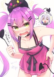 Rule 34 | 2girls, amane kanata, apron, armpit crease, bare shoulders, blush, breasts, choker, cleavage, commentary request, demon tail, embarrassed, fang, full-face blush, green eyes, highres, hikawa shou, holding, holding ladle, hololive, ladle, leaning forward, long hair, looking at viewer, medium breasts, multiple girls, nail polish, o-ring, o-ring choker, pink apron, pink nails, purple hair, sidelocks, simple background, sweat, sweatdrop, nervous sweating, tail, tokoyami towa, translation request, twintails, very long hair, virtual youtuber, wavy mouth, white background, yellow nails