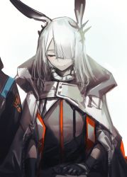 Rule 34 | 1girl, animal ears, arknights, backlighting, blush, rabbit ears, coat, closed eyes, fixro2n, frostnova (arknights), hair over one eye, highres, long hair, pale skin, scar, scar on face, scar on nose, simple background, smile, solo, solo focus, translation request, upper body, white background, white hair