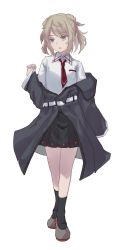 Rule 34 | 1girl, black coat, black skirt, black socks, coat, collared shirt, commentary request, cosplay, double bun, female focus, full body, hair bun, highres, kantai collection, light brown hair, long sleeves, looking to the side, michishio (kancolle), necktie, red necktie, shigure (kancolle), shigure (kancolle) (cosplay), shirt, short twintails, simple background, skirt, socks, solo, twintails, white background, white shirt, yano shirou, yellow eyes