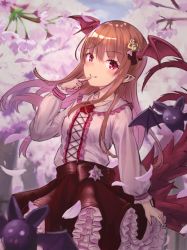 Rule 34 | 1girl, bat (animal), bat wings, black skirt, blush, brown hair, cherry blossoms, closed mouth, commentary request, day, finger to mouth, flower, frilled shirt collar, frilled skirt, frills, granblue fantasy, hair ornament, head wings, highres, long hair, looking at viewer, outdoors, petals, pink eyes, pointy ears, red flower, red rose, red wings, rose, shingeki no bahamut, shirt, skirt, solo, tail, vampy, white shirt, wings, yonkumi (gatling033)