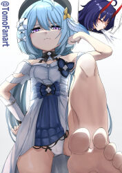 Rule 34 | 1girl, absurdres, annoyed, blue hair, breasts, dress, feet, foot focus, foot up, from below, griseo, hair ornament, hand on own hip, hand up, hat, highres, honkai (series), honkai impact 3rd, looking at viewer, panties, purple eyes, short hair, small breasts, solo, tomodachi (tomofanart), underwear