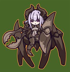 Rule 34 | 1girl, arthropod girl, chestnut mouth, chibi, female focus, green background, highres, monster girl, monster girl encyclopedia, monster girl encyclopedia ii, open mouth, purple eyes, simple background, soldier beetle, soldier beetle (monster girl encyclopedia), solo
