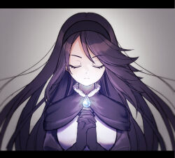 Rule 34 | 1girl, agnes oblige, black cape, black gloves, black hair, black hairband, blue gemstone, bravely default (series), cape, closed eyes, closed mouth, commentary request, facing viewer, gem, gloves, glowing, grey background, hairband, hands up, highres, interlocked fingers, letterboxed, long hair, own hands clasped, own hands together, praying, solo, tekutonbo, upper body