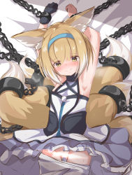 Rule 34 | 1girl, animal ear fluff, animal ears, arknights, armpits, arms up, bare shoulders, bed sheet, black gloves, blue hairband, blue skirt, blush, brown hair, censored, chain, closed mouth, clothes lift, clothes pull, cuffs, fox ears, fox girl, fox tail, frilled skirt, frills, gloves, hairband, highres, k knakomochi008, kitsune, looking at viewer, lying, multicolored hair, no panties, nose blush, on back, pantyhose, pantyhose pull, shirt, single glove, skirt, skirt lift, solo, suzuran (arknights), tail, tears, two-tone hair, white hair, white pantyhose, white shirt, yellow eyes