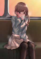 Rule 34 | 1girl, absurdres, aisoi, between legs, black pantyhose, blue shirt, blush, breath, brown eyes, brown hair, buttons, embarrassed, female focus, hand between legs, hand to own mouth, hand up, have to pee, highres, indoors, long hair, long sleeves, looking down, miniskirt, nose blush, open mouth, orange sky, original, pantyhose, pee, peeing, peeing self, pleated skirt, shirt, shirt tucked in, sidelocks, sitting, skirt, sky, solo, steam, sunset, sweat, swept bangs, tears, textless version, train interior, wavy mouth, wet, wet clothes, white skirt, window