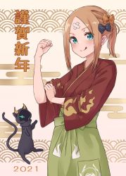Rule 34 | 1girl, 2021, :q, abigail williams (fate), alternate costume, alternate hairstyle, animal, aqua eyes, black bow, black cat, blush, bow, bras d&#039;honneur, brown bow, brown hair, brown kimono, cat, clenched hand, closed mouth, commentary request, crossed bandaids, egasumi, fate/grand order, fate (series), forehead, green hakama, hair bow, hakama, hakama skirt, hand up, japanese clothes, kimono, kopaka (karda nui), long sleeves, looking at viewer, parted bangs, polka dot, polka dot bow, ponytail, seigaiha, sidelocks, skirt, smile, solo, tongue, tongue out, translation request, wide sleeves
