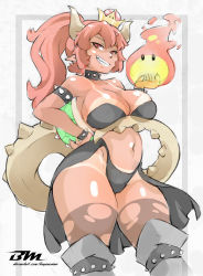 Rule 34 | 1girl, armlet, bare shoulders, bayeuxman, bikini, bikini tan, black bikini, bowsette, breast lift, collar, dark-skinned female, dark skin, fire, grey background, grey thighhighs, grin, highres, horns, looking at viewer, mario (series), navel, new super mario bros. u deluxe, nintendo, pointy ears, ponytail, red eyes, red hair, shell, simple background, sketch, smile, solo, spiked armlet, spiked collar, spikes, standing, super crown, swimsuit, tail, tan, tanline, teeth, thighhighs, torn clothes, torn thighhighs, watermark, web address