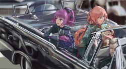 Rule 34 | 1boy, 2girls, absurdres, bell sleeves, blue eyes, blunt bangs, blurry, blurry background, car, carcano m1891 (girls&#039; frontline), carcano m91/38 (girls&#039; frontline), convertible, cosplay, girls&#039; frontline, gloves, highres, historical event, john f. kennedy, john f. kennedy (cosplay), long hair, looking to the side, military, military uniform, motor vehicle, multiple girls, photo-referenced, pink hair, ponytail, purple gloves, purple hair, sawkm, short hair, sitting, smile, uniform, white hair, yegor (girls&#039; frontline)